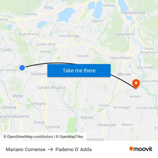 Mariano Comense to Paderno D' Adda map