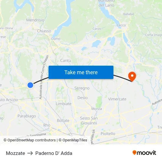Mozzate to Paderno D' Adda map