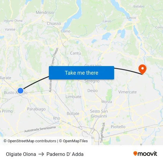 Olgiate Olona to Paderno D' Adda map