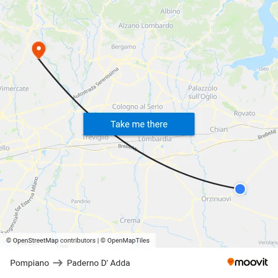 Pompiano to Paderno D' Adda map