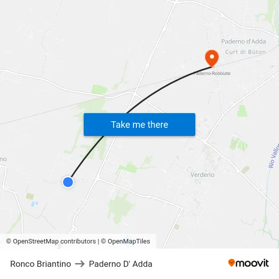 Ronco Briantino to Paderno D' Adda map