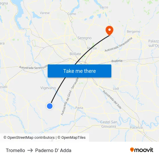 Tromello to Paderno D'Adda map
