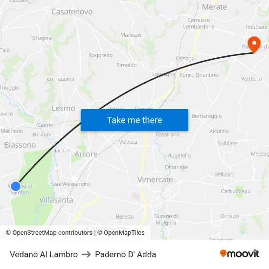 Vedano Al Lambro to Paderno D' Adda map