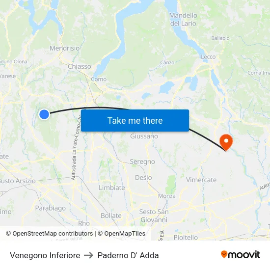 Venegono Inferiore to Paderno D'Adda map