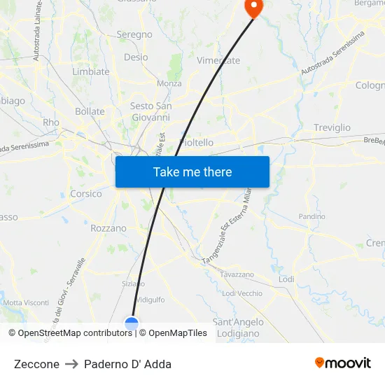 Zeccone to Paderno D' Adda map