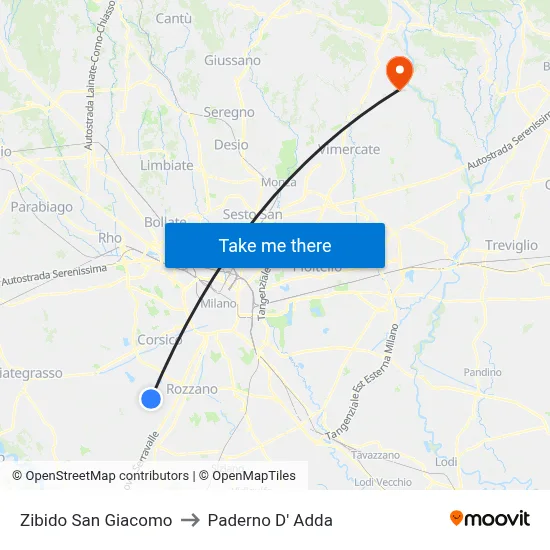 Zibido San Giacomo to Paderno D' Adda map