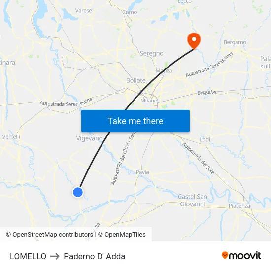 Lomello to Paderno D'Adda map