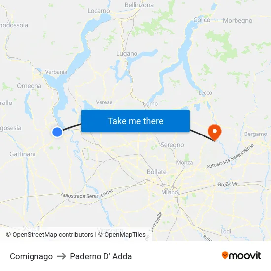 Comignago to Paderno D' Adda map