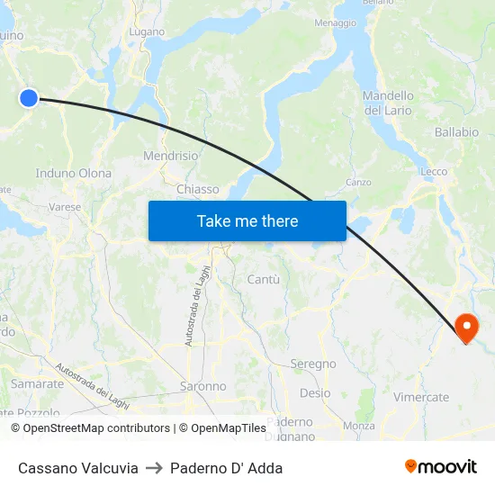 Cassano Valcuvia to Paderno D'Adda map