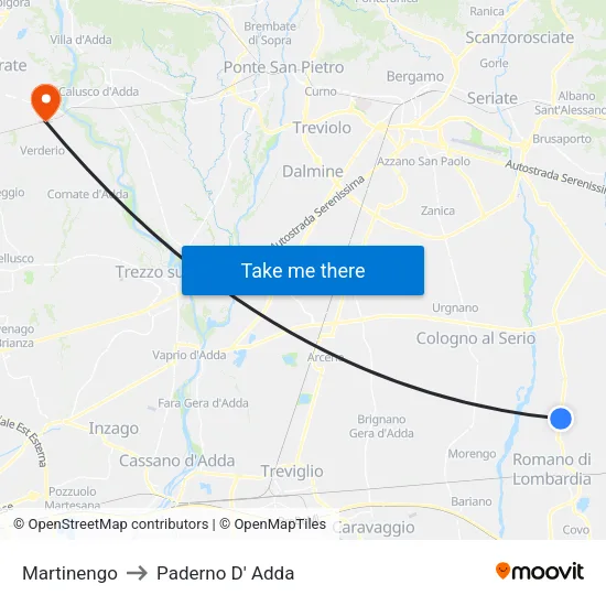 Martinengo to Paderno D'Adda map