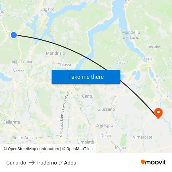 Cunardo to Paderno D'Adda map