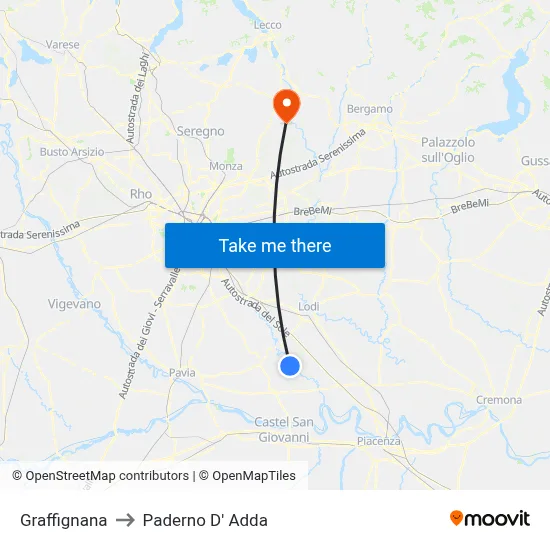 Graffignana to Paderno D'Adda map