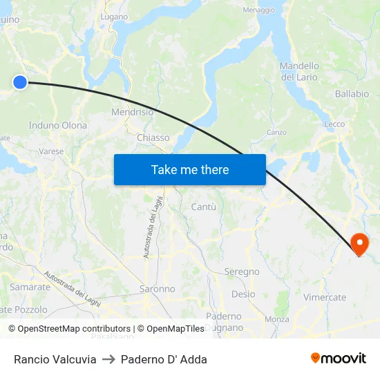 Rancio Valcuvia to Paderno D'Adda map