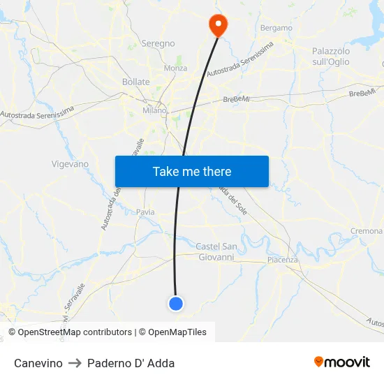 Canevino to Paderno D'Adda map