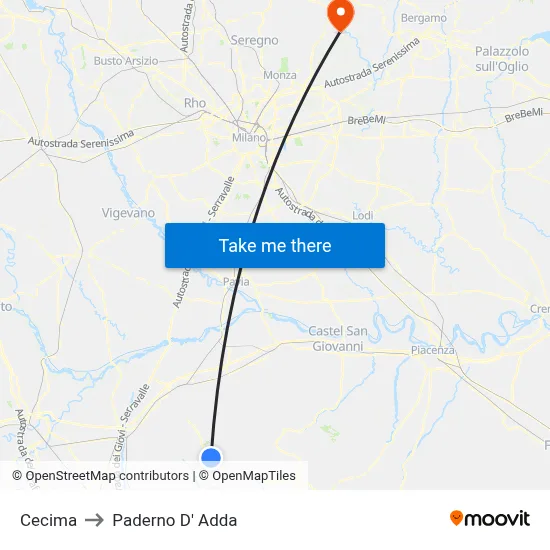 Cecima to Paderno D'Adda map