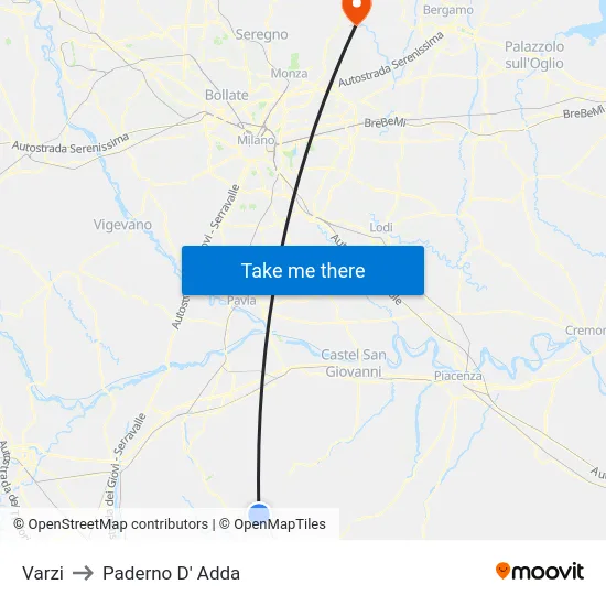 Varzi to Paderno D'Adda map