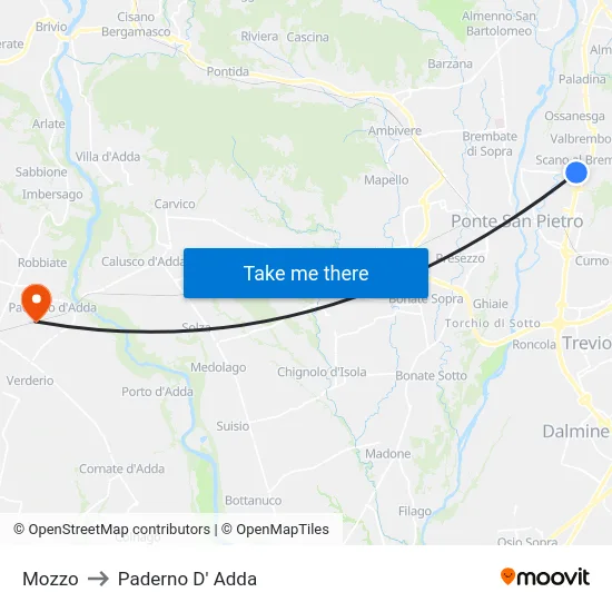 Mozzo to Paderno D'Adda map