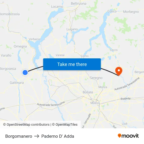 Borgomanero to Paderno D' Adda map