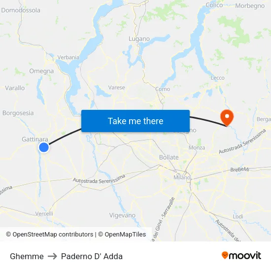 Ghemme to Paderno D' Adda map