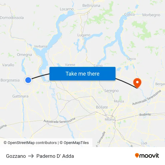 Gozzano to Paderno D'Adda map