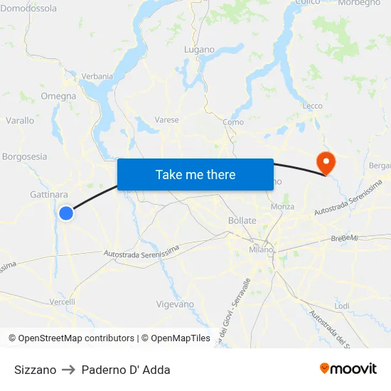 Sizzano to Paderno D' Adda map