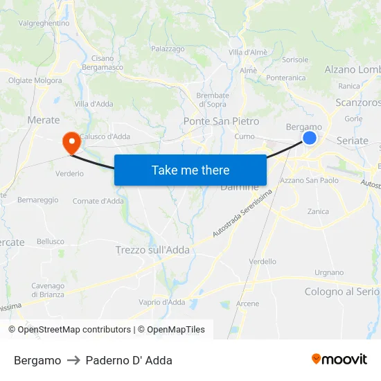 Bergamo to Paderno D' Adda map