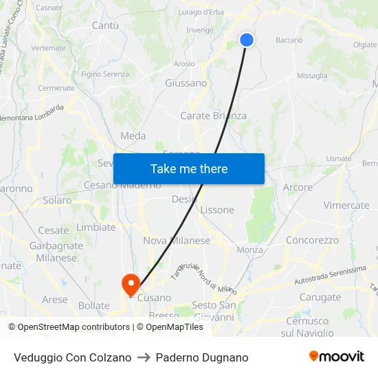 Veduggio con Colzano to Paderno Dugnano map