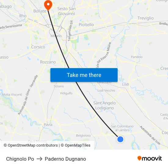 Chignolo Po to Paderno Dugnano map