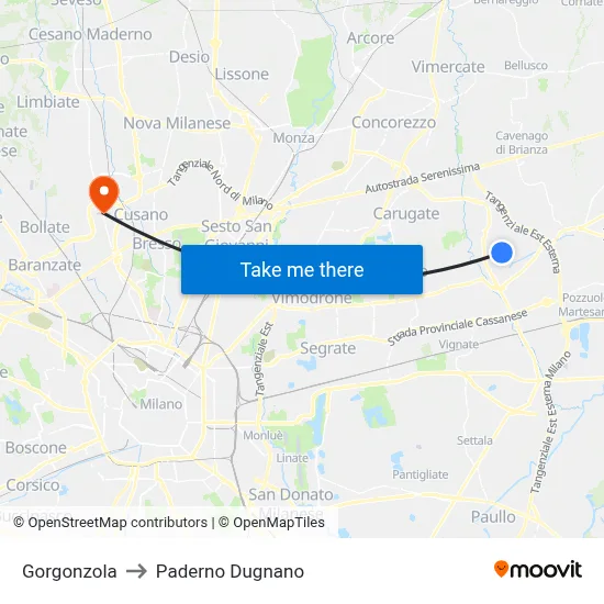 Gorgonzola to Paderno Dugnano map