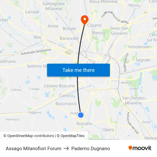 Assago Milanofiori Forum to Paderno Dugnano map