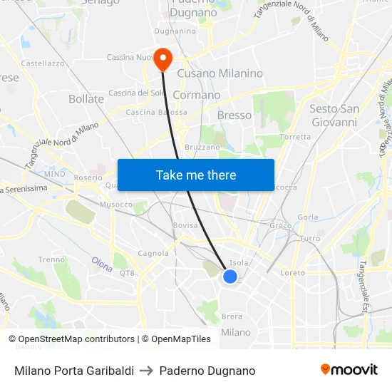 Milano Porta Garibaldi to Paderno Dugnano map