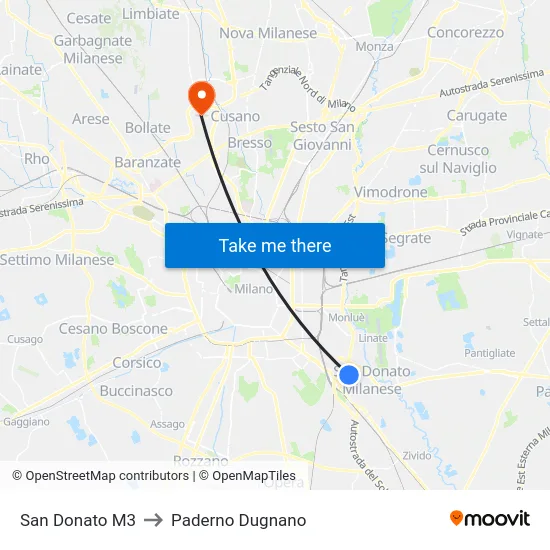 San Donato M3 to Paderno Dugnano map