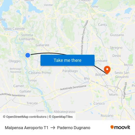 Malpensa Aeroporto T1 to Paderno Dugnano map