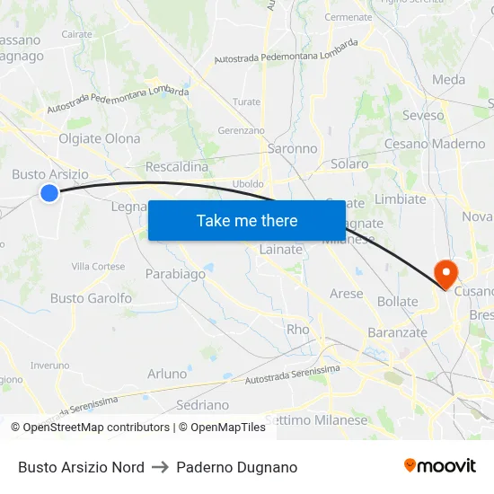 Busto Arsizio North to Paderno Dugnano map