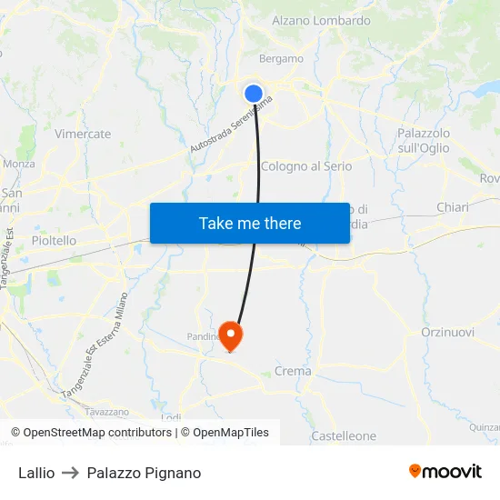 Lallio to Palazzo Pignano map