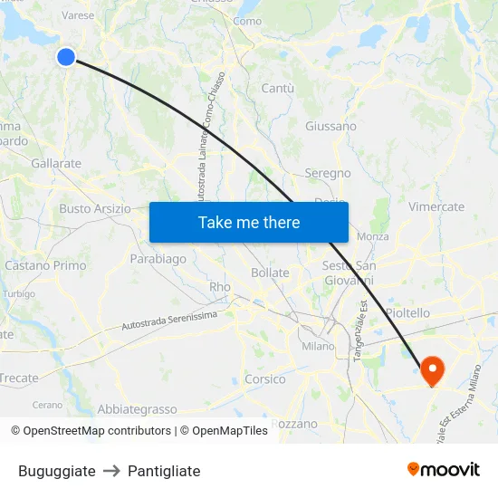 Buguggiate to Pantigliate map