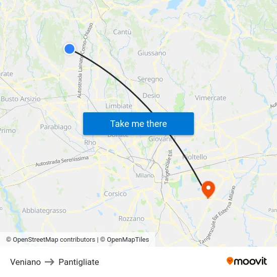 Veniano to Pantigliate map