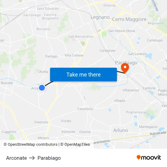 Arconate to Parabiago map