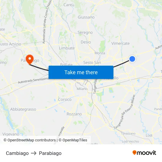 Cambiago to Parabiago map