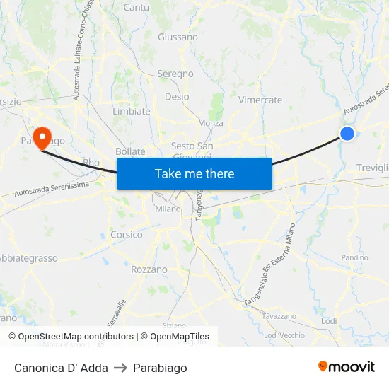 Canonica d'Adda to Parabiago map