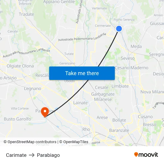 Carimate to Parabiago map
