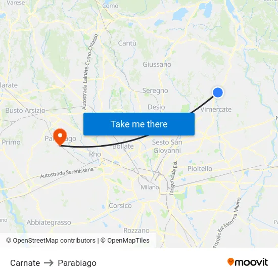 Carnate to Parabiago map