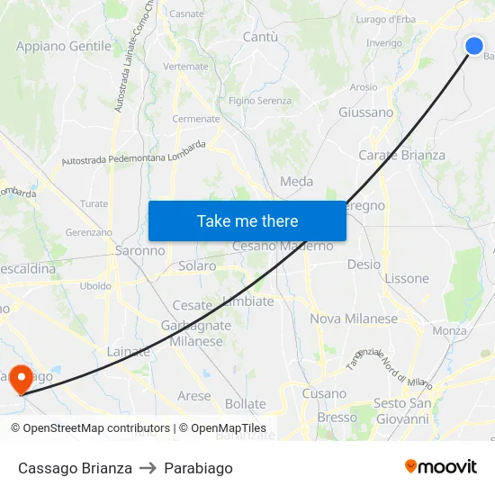 Cassago Brianza to Parabiago map