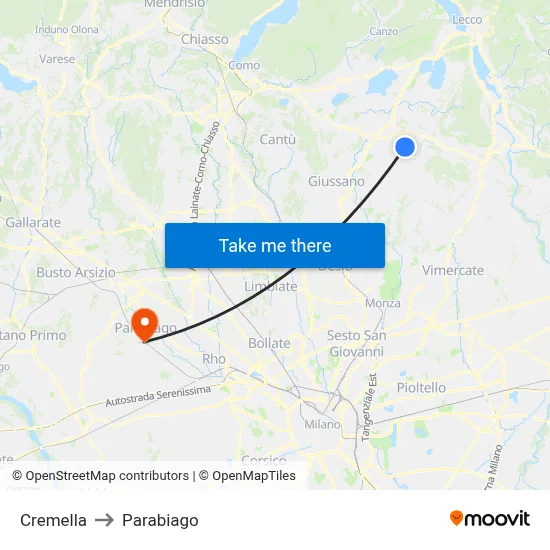 Cremella to Parabiago map