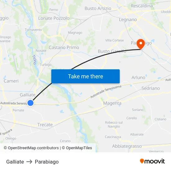 Galliate to Parabiago map