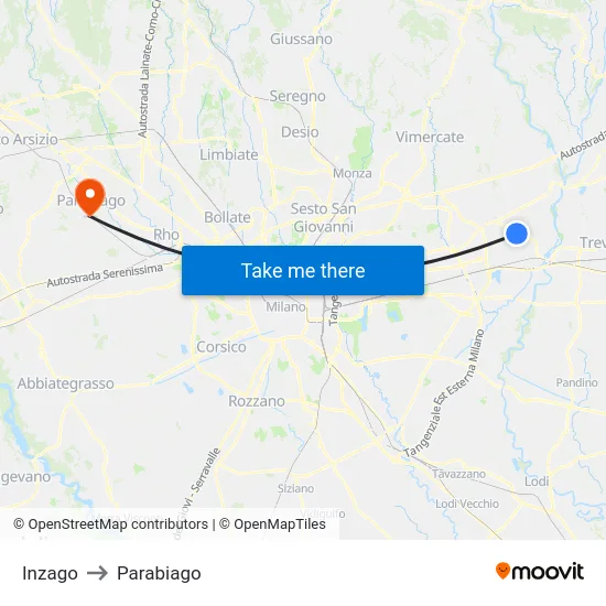 Inzago to Parabiago map