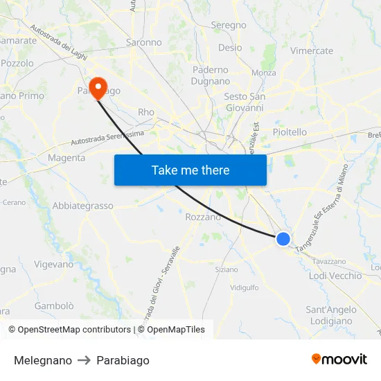 Melegnano to Parabiago map