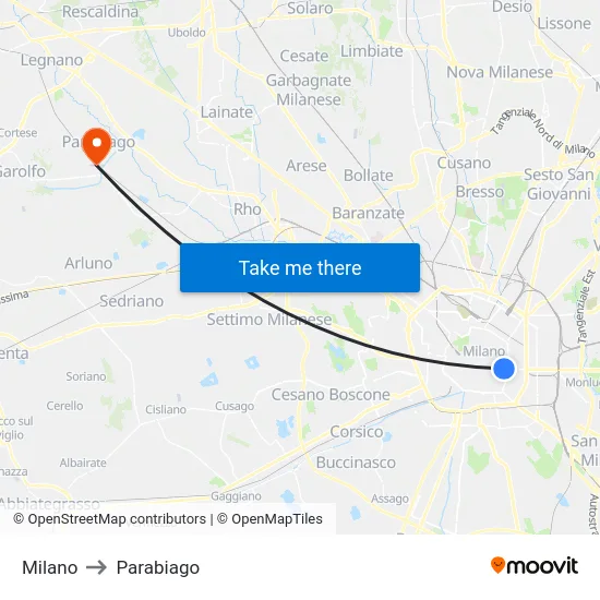 Milan to Parabiago map