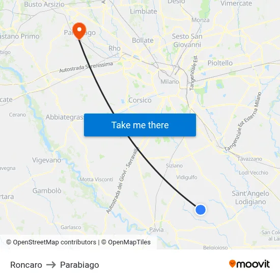 Roncaro to Parabiago map