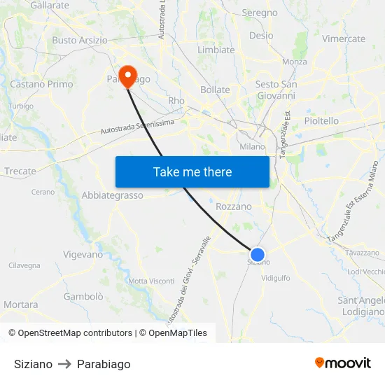 Siziano to Parabiago map